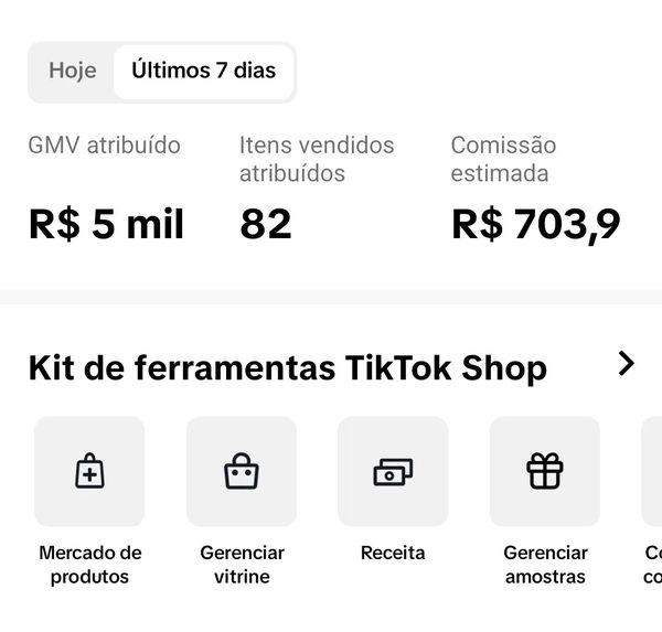 Painel do TikTok Shop com R$703,90 em comissões estimadas
